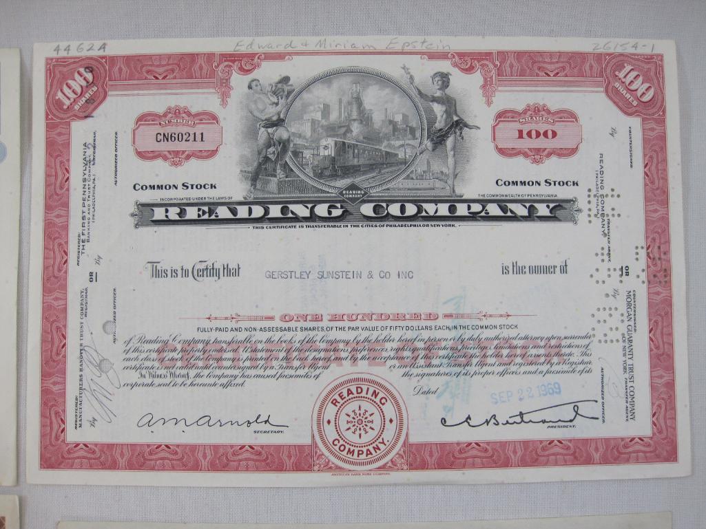 Stock Certificates includes The Lehigh Coal and Navigation Company dated 1937, Reading Company, The