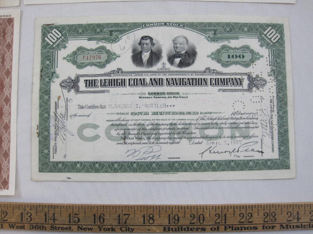 Stock Certificates includes The Lehigh Coal and Navigation Company dated 1937, Reading Company, The