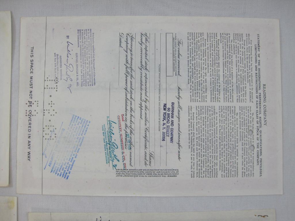 Stock Certificates includes The Lehigh Coal and Navigation Company dated 1937, Reading Company, The