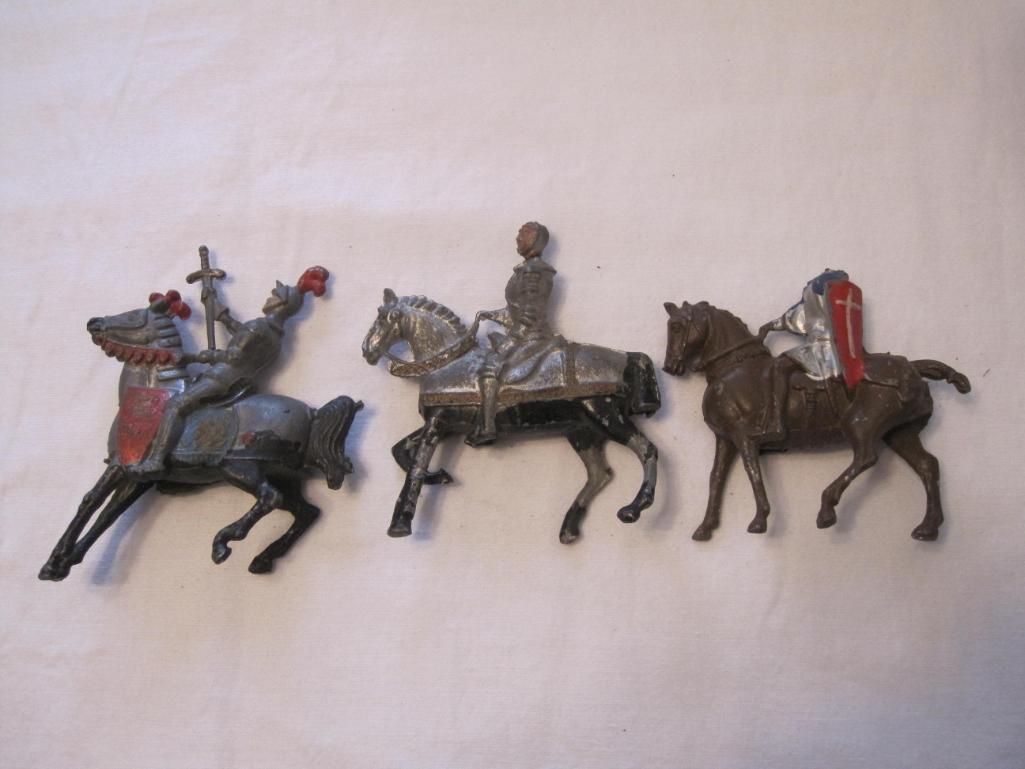 Three Medieval Soldiers with Horses Metal Figures from Cherilea and more, 1 needs head repaired