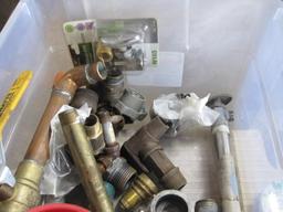Assorted Plumbing Parts in Plastic Tub with Lid, Sterling Pop-up Drain, and more