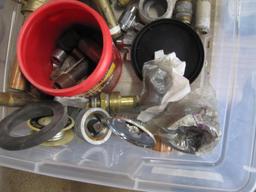 Assorted Plumbing Parts in Plastic Tub with Lid, Sterling Pop-up Drain, and more