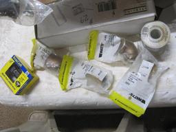 Assorted Plumbing Parts in Plastic Tub with Lid, Sterling Pop-up Drain, and more