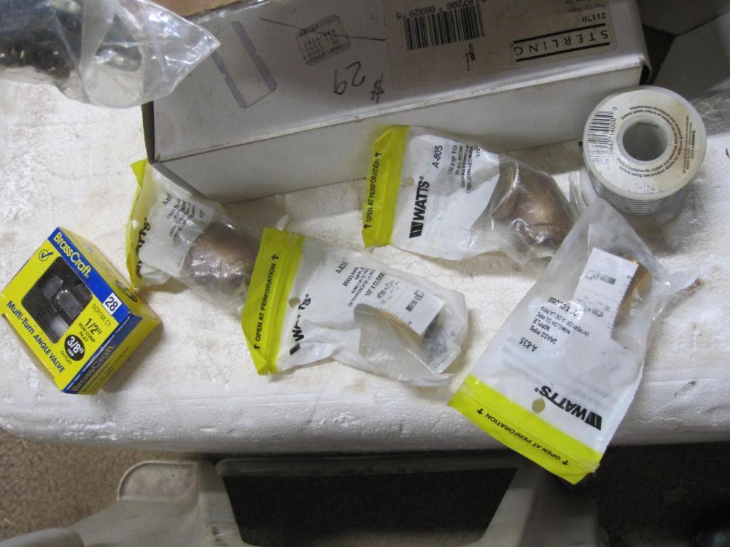 Assorted Plumbing Parts in Plastic Tub with Lid, Sterling Pop-up Drain, and more