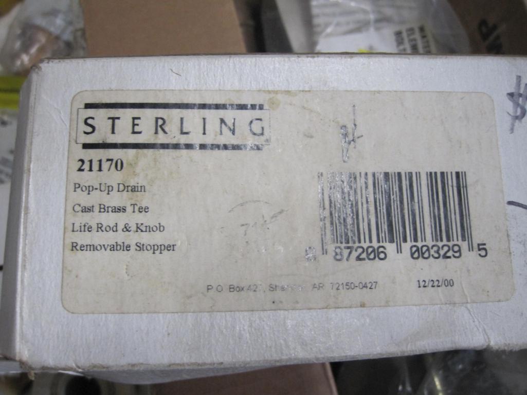 Assorted Plumbing Parts in Plastic Tub with Lid, Sterling Pop-up Drain, and more