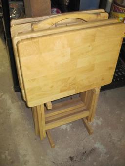 Set of Four Wooden Folding Trays with Holder