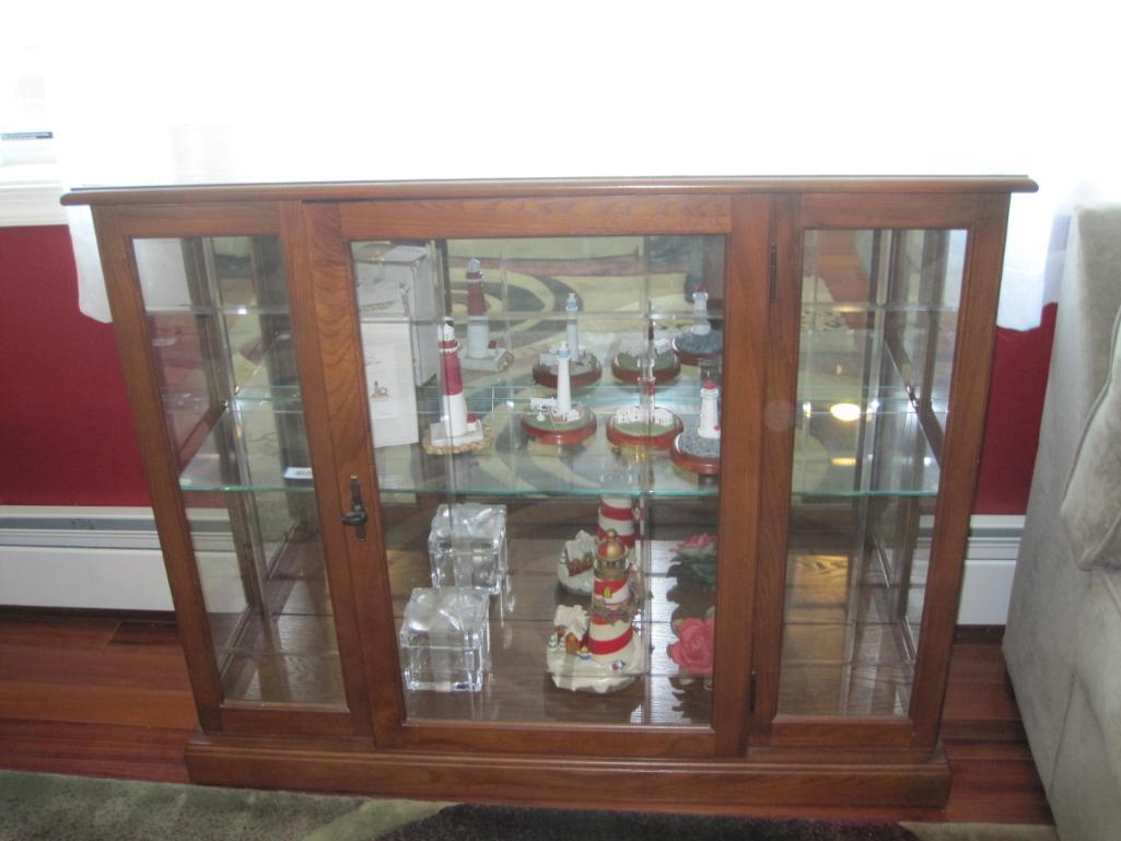 Lighted Wood and Glass Cabinet, 40" x 12" x 33", contents not included