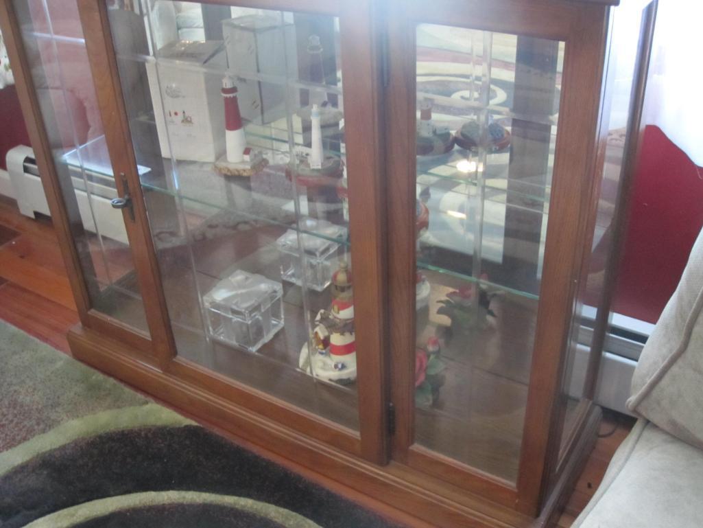Lighted Wood and Glass Cabinet, 40" x 12" x 33", contents not included
