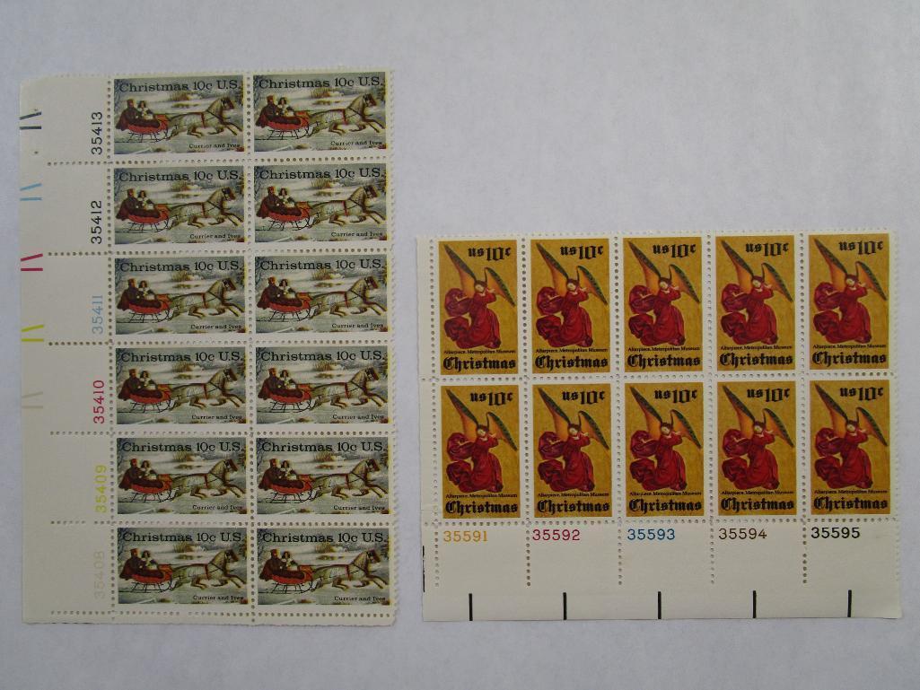 US Postage Stamps Christmas includes Angel Altarpiece 10 cent Scott #1550, Block of 10, Currier and