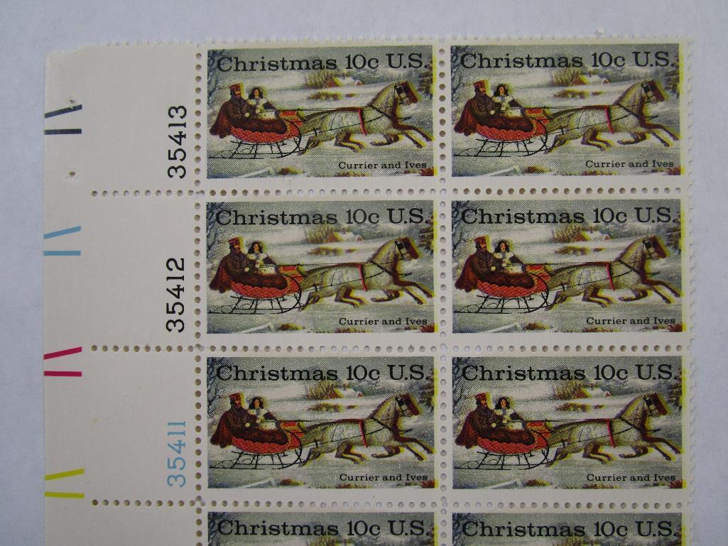 US Postage Stamps Christmas includes Angel Altarpiece 10 cent Scott #1550, Block of 10, Currier and