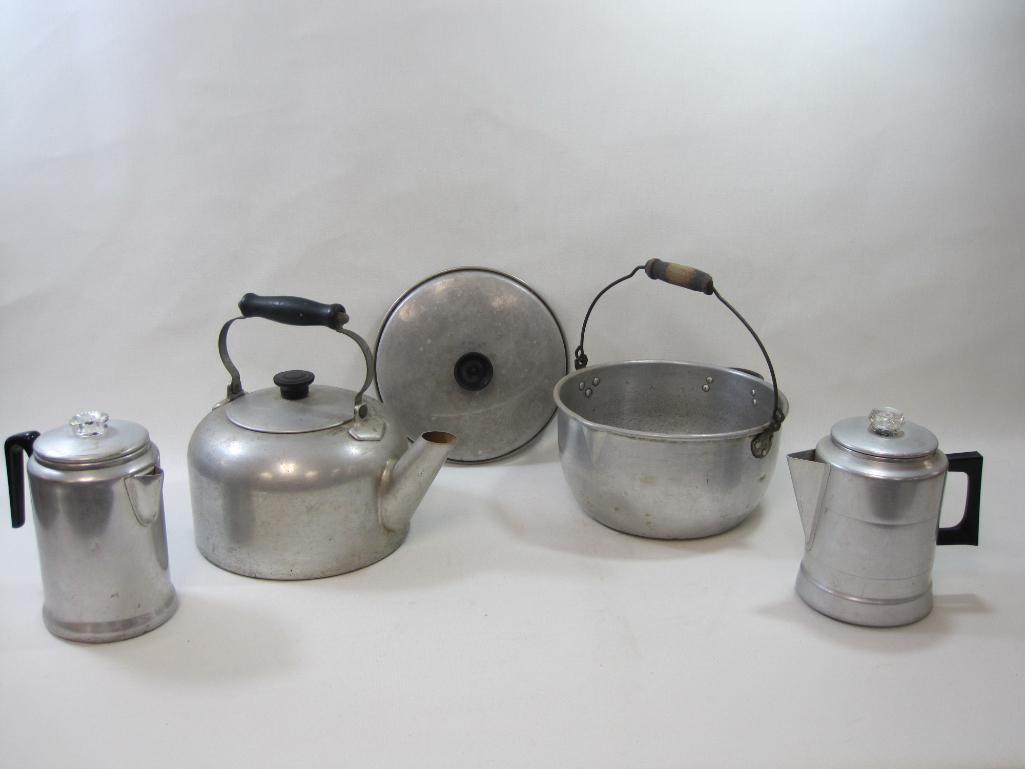 Lot of Tin Percolators, Kettle and more