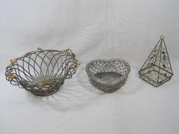 Three Wire Baskets Includes Pyramid with Stars, Aluminum Heart and Silverplated Round with Leaf Trim