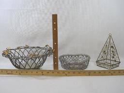 Three Wire Baskets Includes Pyramid with Stars, Aluminum Heart and Silverplated Round with Leaf Trim