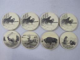 Two Sets of Four Barlow Cork Back Coasters, 4 North American Wildlife, 4 Wolves