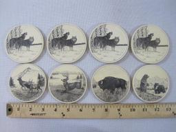 Two Sets of Four Barlow Cork Back Coasters, 4 North American Wildlife, 4 Wolves