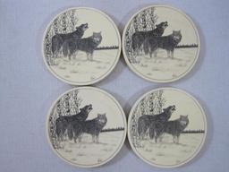 Two Sets of Four Barlow Cork Back Coasters, 4 North American Wildlife, 4 Wolves