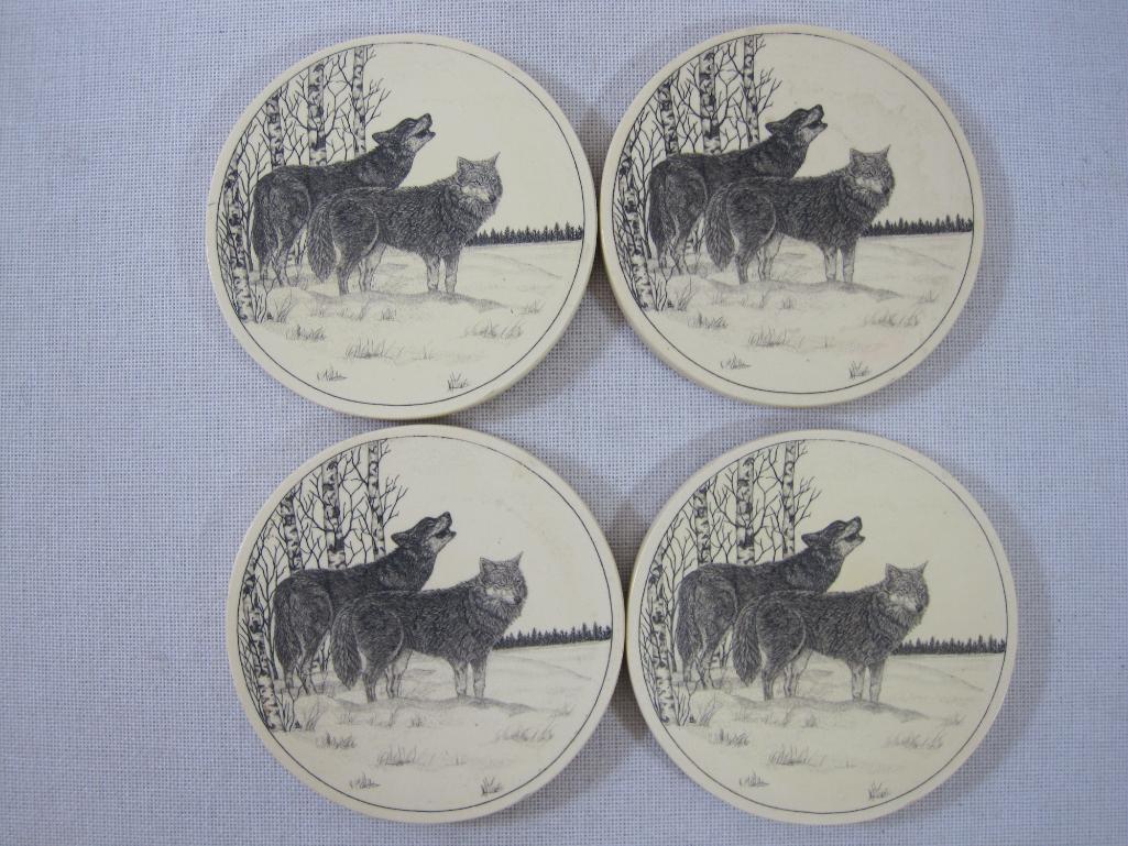 Two Sets of Four Barlow Cork Back Coasters, 4 North American Wildlife, 4 Wolves