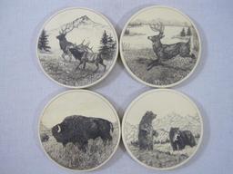 Two Sets of Four Barlow Cork Back Coasters, 4 North American Wildlife, 4 Wolves