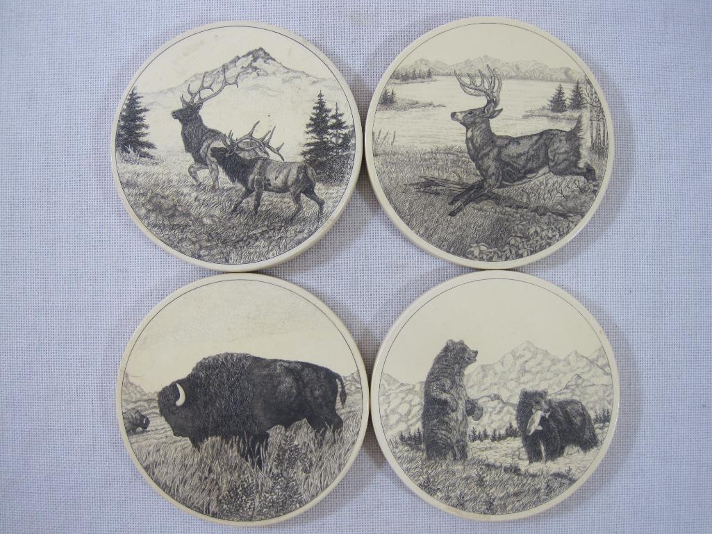Two Sets of Four Barlow Cork Back Coasters, 4 North American Wildlife, 4 Wolves