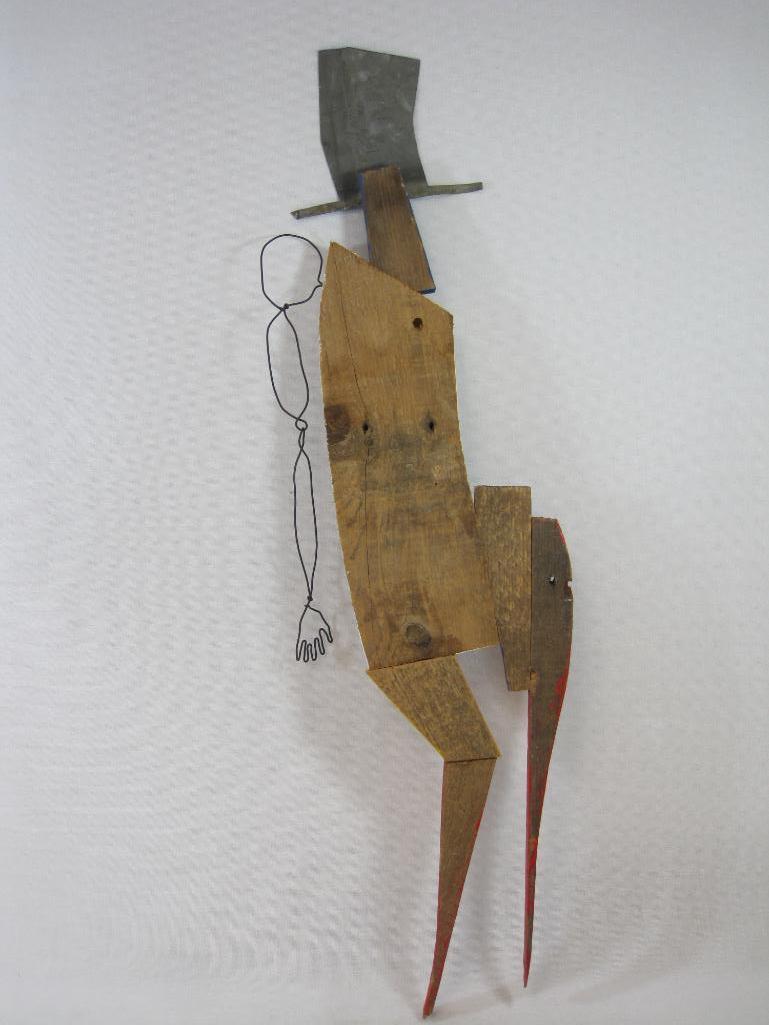 Dancing Figure by Brian Andreas, 1992 Signed, Wire and Reclaimed Wood Wall Hanging