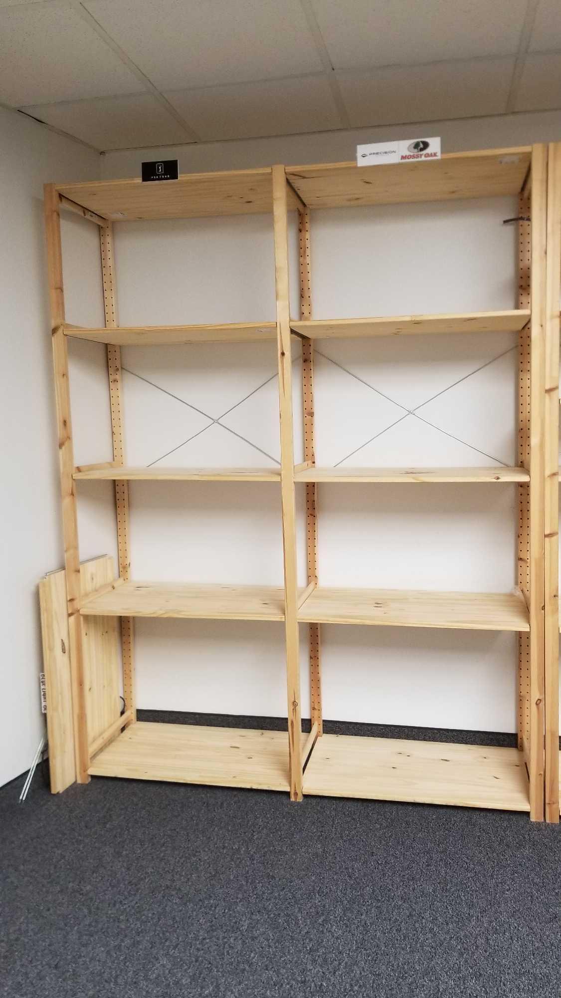 Wooden IKEA Brand adjustable Shelving Unit, approx 7 ft tall with 33" wide shelves, overall width