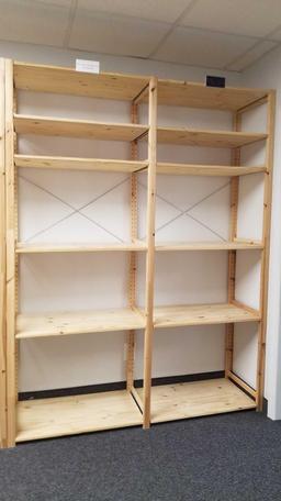 Wooden IKEA Brand adjustable Shelving Unit, approx 7ft tall with 33" wide shelves per unit, overall