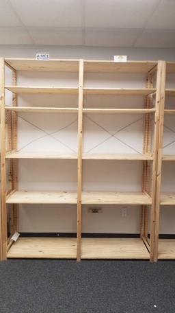 Wooden IKEA Brand adjustable Shelving Unit, approx 7ft tall with 33" wide shelves per unit, overall
