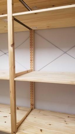 Wooden IKEA Brand adjustable Shelving Unit, approx 7ft tall with 33" wide shelves per unit, overall