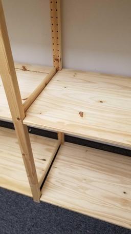 Wooden IKEA Brand adjustable Shelving Unit, approx 7ft tall with 33" wide shelves per unit, overall