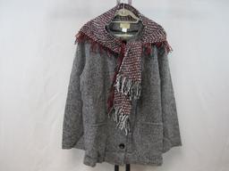 Boyne Valley Weavers Black Tweed Button Front Jacket with Scarf, Large, Wool Blend, 1 lb 10 oz