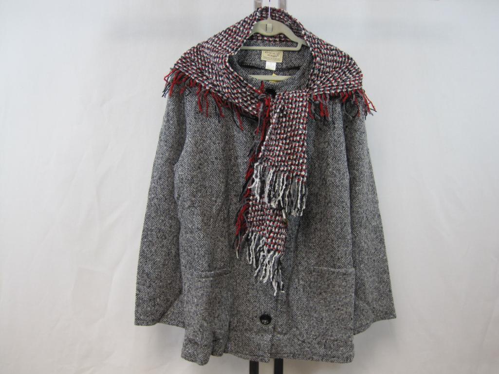 Boyne Valley Weavers Black Tweed Button Front Jacket with Scarf, Large, Wool Blend, 1 lb 10 oz