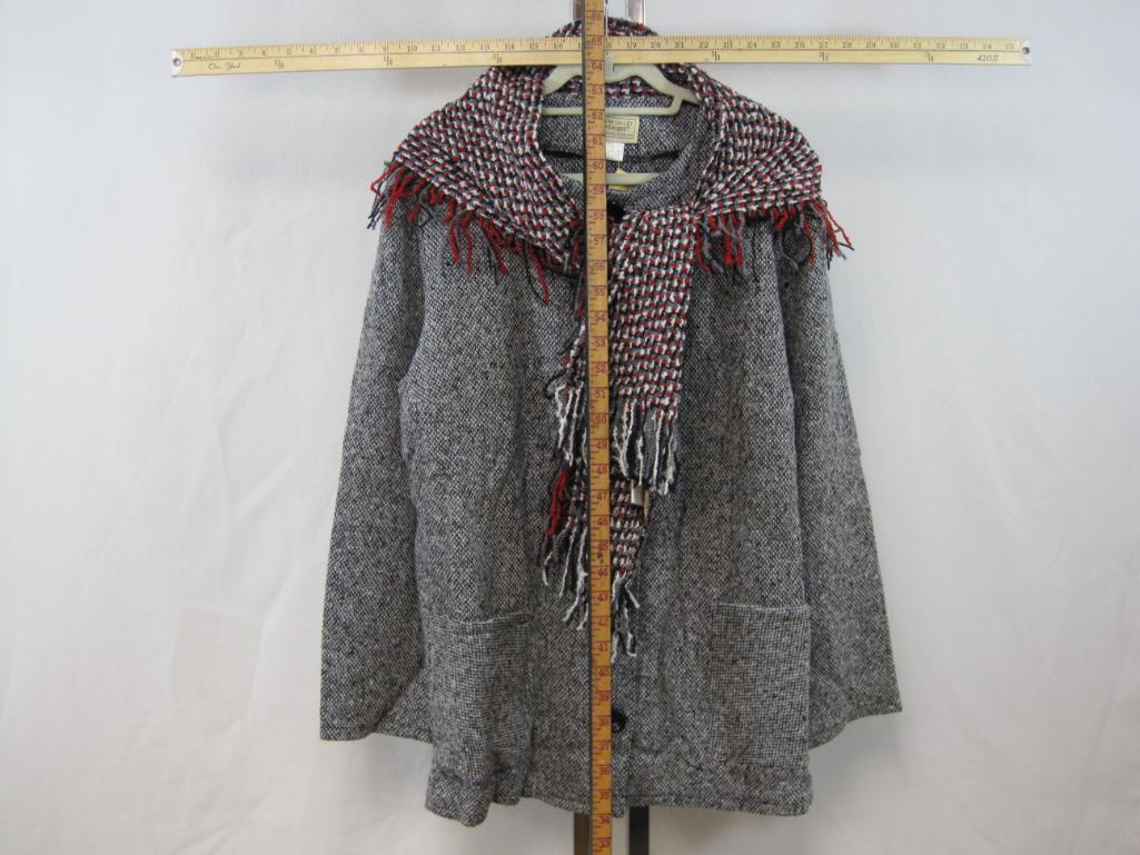 Boyne Valley Weavers Black Tweed Button Front Jacket with Scarf, Large, Wool Blend, 1 lb 10 oz