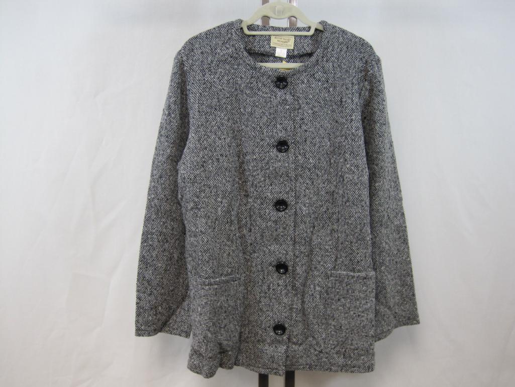 Boyne Valley Weavers Black Tweed Button Front Jacket with Scarf, Large, Wool Blend, 1 lb 10 oz