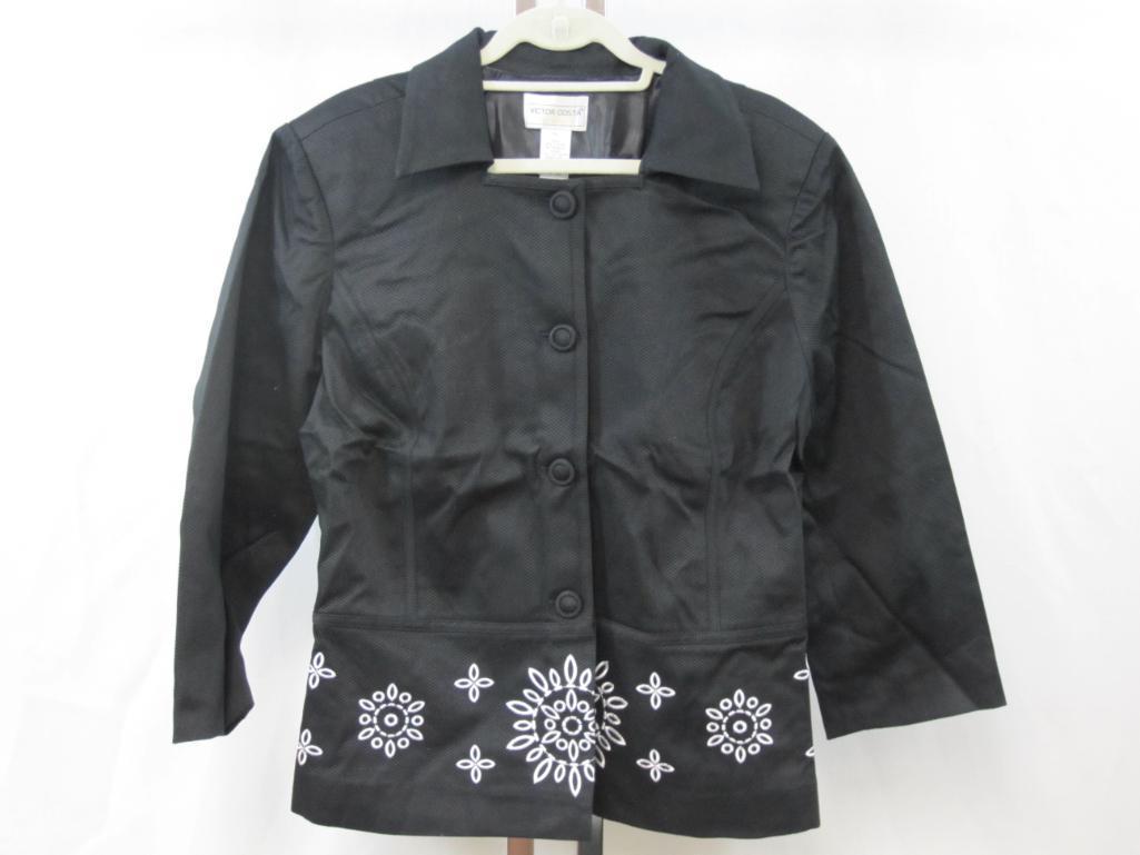Victor Costa Occasion Button Front Jacket, XL, Black with White Embroidered Accents,1 lb 8 oz