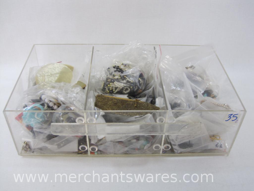 Crafting Supplies in 3 Bin Clear Organizer includes 2 Cross Stitch Kits, Beads, Chains and Links,
