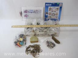 Crafting Supplies in 3 Bin Clear Organizer includes 2 Cross Stitch Kits, Beads, Chains and Links,