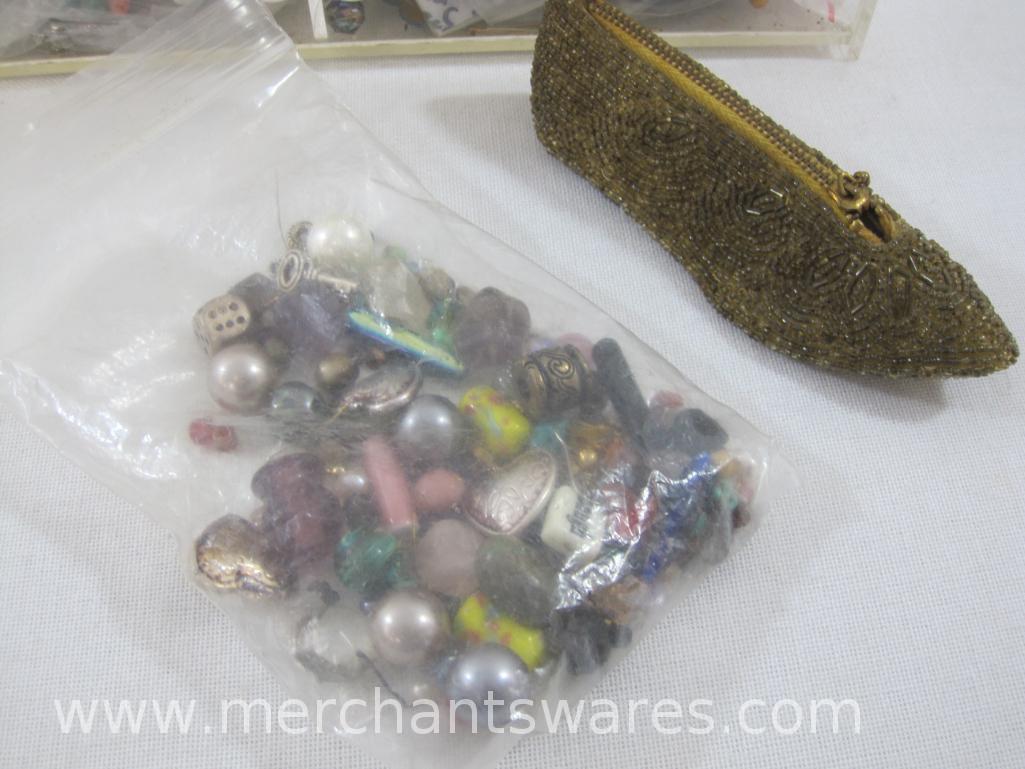 Crafting Supplies in 3 Bin Clear Organizer includes 2 Cross Stitch Kits, Beads, Chains and Links,