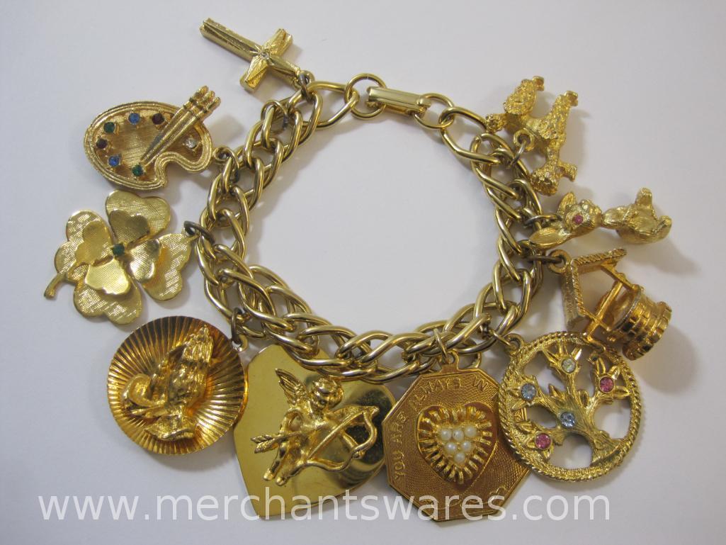 Heavy Gold Tone Religious Charm Bracelet with Serenity Prayer Charm, 3 oz