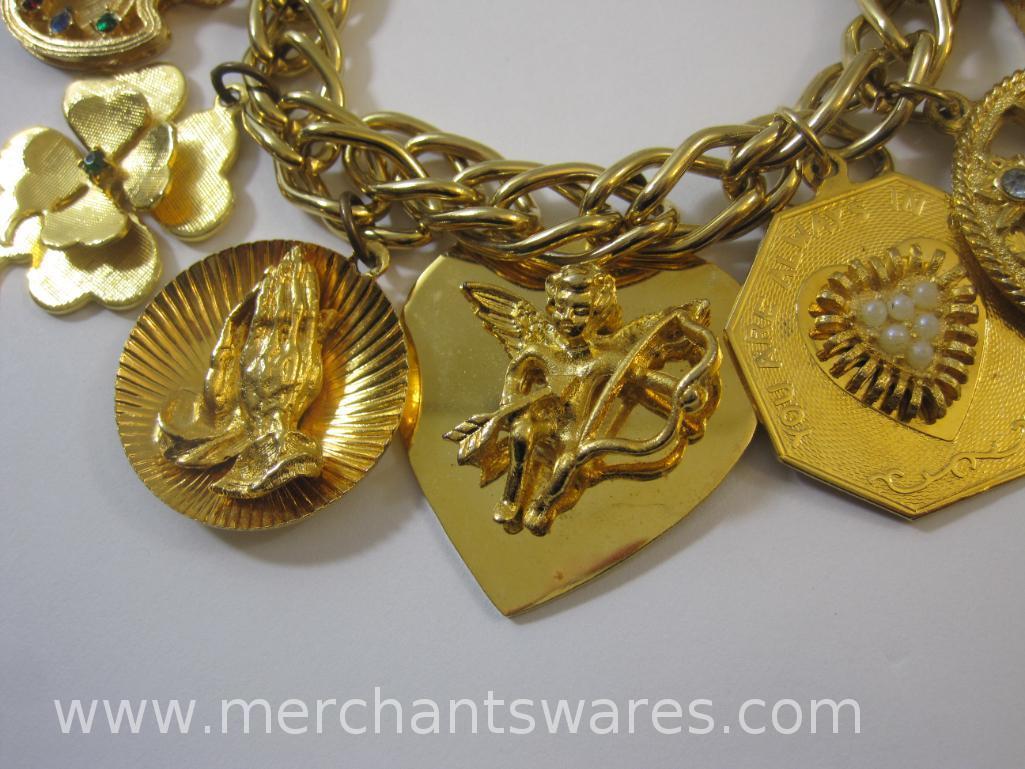 Heavy Gold Tone Religious Charm Bracelet with Serenity Prayer Charm, 3 oz