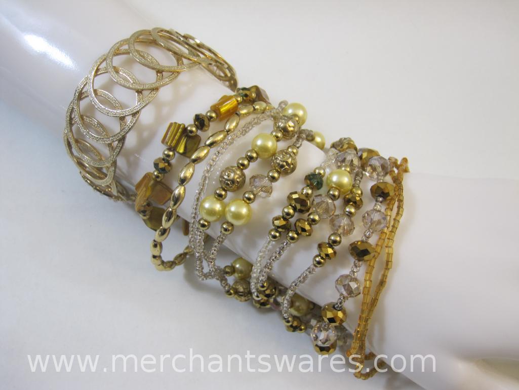 Gold Tone Bracelets including Beaded Stretch and Ring Cuff, 3 oz