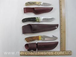 Three North American Hunting Club (NAHC) Knives with Leather Sheaths, Hunting Heritage Collection,