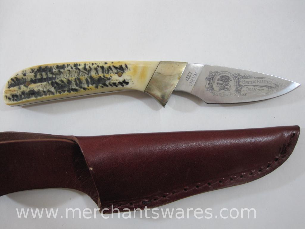 Three North American Hunting Club (NAHC) Knives with Leather Sheaths, Hunting Heritage Collection,