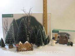 Assorted Department 56 Christmas Display Accessories including Village Landscape Trees, Woodpile and