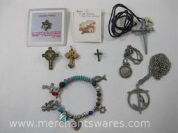 Assortment of Religious Themed Jewelry including Pins, Necklace, Bracelet and More