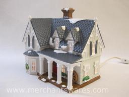 Department 56 Snow Village Gothic Farmhouse Lighted Christmas House, small chip on front porch