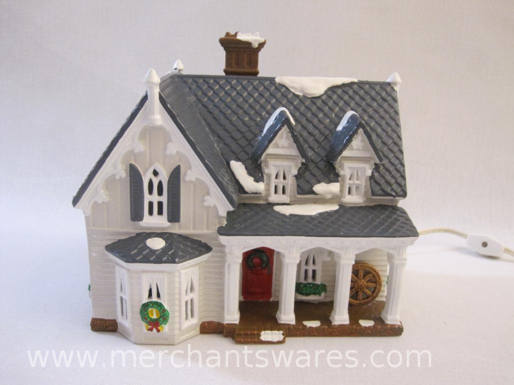 Department 56 Snow Village Gothic Farmhouse Lighted Christmas House, small chip on front porch