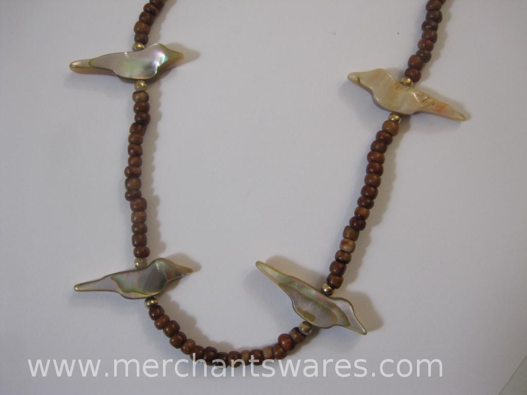 Four Necklaces including Wood Beads with Stone Birds and more