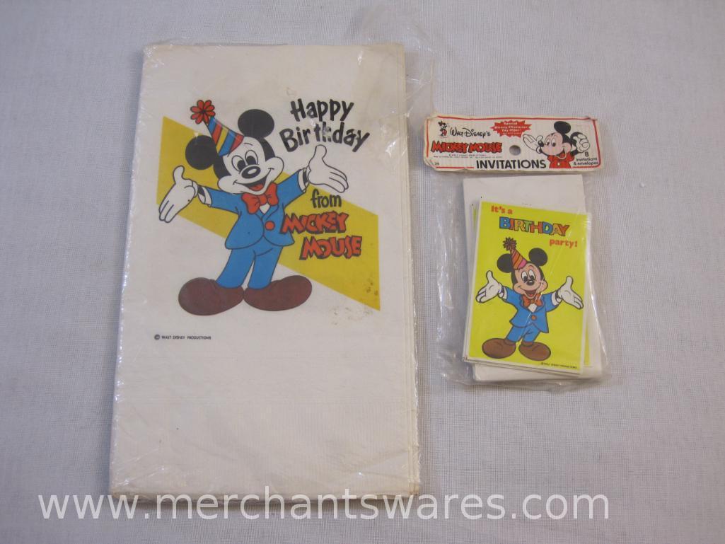 Vintage Mickey Mouse Sealed Package of 8 Birthday Party Invitations and New Paper Tablecloths