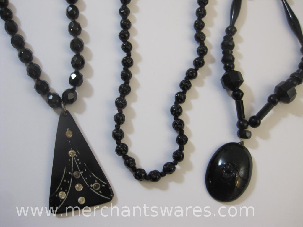 Three Black Glass Beaded Necklaces, 5oz