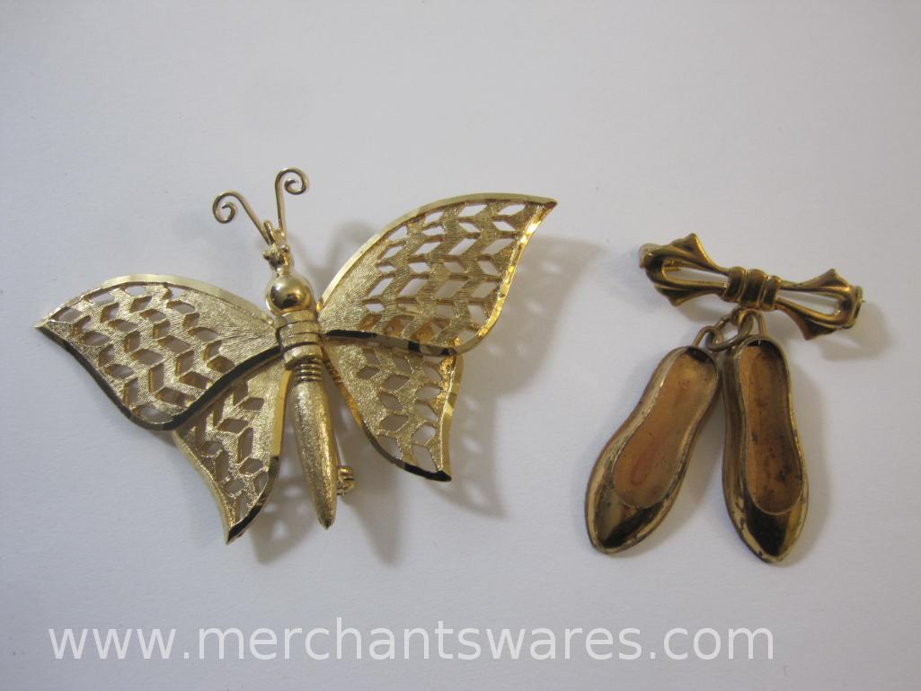 Two Gold Tone Pins including Butterfly with Moving Wings and Ballet Slippers